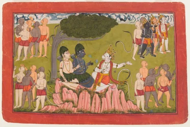 Rama e Lakshmana conversam com Sugriva sobre a busca por Sita, folio de uma série dispersa de Ramayana, c.1770-10 (wc on paper)