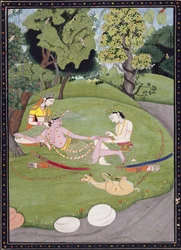 Rama reclinado contra Sita, enquanto seu irmão Laksman tira um espinho de seu pé, 1845 (guache, tinta e ouro no papel)