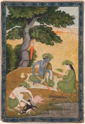 Rama, com Sita e Lakshmana na floresta, do Ramayana, c.1790 (wc opaca e ouro no papel)