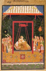 Rao Ram Chandra e seu amante em um balanço, c.1710