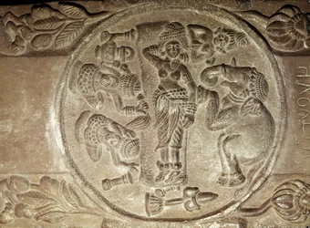Relevo retratando o sonho de Maya, de uma stupa budista de Bharhut, Madhya Pradesh, Período Maurya, Dinastia Sunga (180-72 aC)