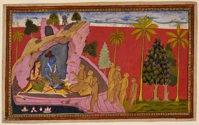 Rāma e Lakṣmaṇa, sentados numa pele de leão, regozijam-se com as notícias de Hanumān e com a joia de Sītā, mas ficam angustiados com a sua situação, encontrando conforto em Sugrīva. 1653 (miniatura)