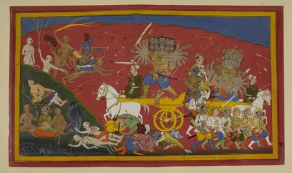 Rāma ataca pelas costas de Hanumān; Rāvaṇa, ferido, retira-se