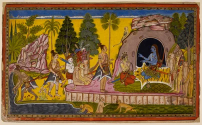Rāma coroa Vibhīṣaṇa rei de Laṅkā e prepara-se para procurar a ajuda do Oceano para criar um caminho para Laṅkā. 1653 (miniatura)