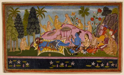 Rāma, na sua pele de tigre, passa três dias a suplicar ao Oceano, mas este continua sem reagir. c1653 (miniatura)