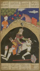 Rustam mata o Div Branco de Mazandaran, ilustração do Shahnama (Livro dos Reis), de Abul-Qasim Manur Firdawsi (c.934-c.1020), da região de Deccan, 1590