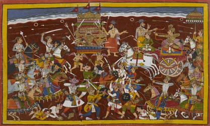 Rāvaṇa luta com Mandhāta, mas os sábios reconciliam-nos