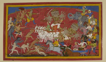 Rāvaṇa luta ferozmente mas cai no meio de uma batalha com Lakṣmaṇa e aliados