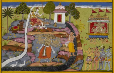Rāvaṇa monta a carruagem Puṣpaka, depois levanta e abana o monte Kailāsa para desafiar Śiva