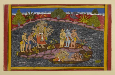 Rāvaṇa procura o puruṣa, entra numa caverna e encontra milhares de seres elevados
