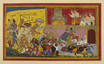 Rāvaṇa envia Kumbha, Nikumbha e os demónios para combater os macacos, Rāma e os seus aliados observam