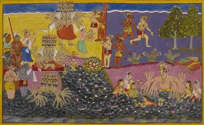 Rāvaṇa adora o linga no Narmada enquanto o rei Arjuna se banha nas proximidades