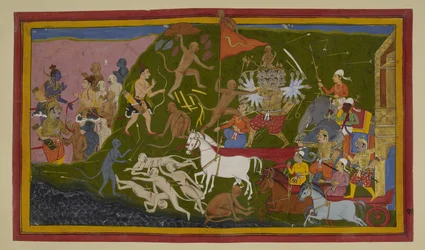 Rāvaṇa fere os macacos; Hanumān e Lakṣmaṇa atacam, desafiando-o