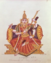 Saratheswathee, deusa hindu da aprendizagem, com inscrição cingalesa e inglesa (wc no papel)