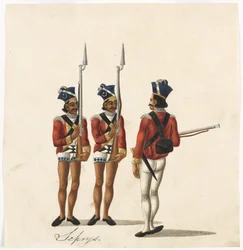 Sepoys and an Indian Officer, Bengal Army, c.1815 (aguarela sobre papel)