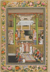 Shah Jahan homenageia a ortodoxia religiosa, página do Álbum de São Petersburgo, c.1635 (aquarela opaca e ouro sobre papel)