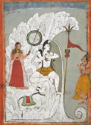 Shiva Tendo a Descida do Rio Ganges, folio de um manuscrito Hindi do santo Narayan, c.1740