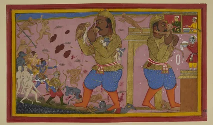 Sugrīva fere Kumbhakarṇa; este riposta enquanto Rāma e os seus aliados avançam