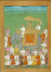 O Sultão Akbar cavalga num elefante com a corte do Shah Alem. Miniatura de uma história de viagem de Niccolo Manucci (1638 - 1717), explorador veneziano. Índia