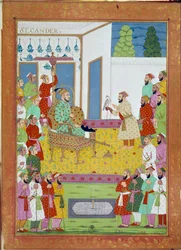 Sultão Iskander com o Tribunal do Shah Alem. Miniatura de uma história de viagem de Niccolo Manucci (1638 - 1717), explorador veneziano. Índia