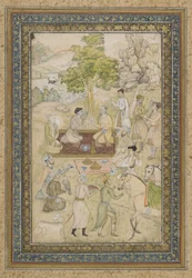 Sultan Murad e Sultan Daniyal em um piquenique, álbum separado folio com pintura, c.1900