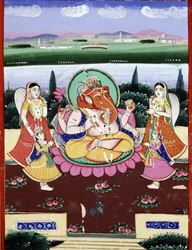 A divindade Ganesha (Ganesh ou Ganapati), filha de Shiva e Parvati. Impressão popular indiana do século XIX.