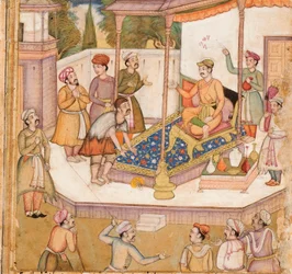 O raja cujo convidado lhe pediu 500 dinares por dia, c.1585 (wc opaco e ouro sobre papel)