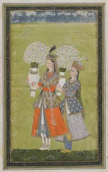 Duas senhoras carregam flores, folio de álbum destacado com pintura, século XIX