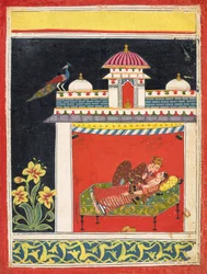 Dois amantes num pavilhão, de um "Amarushataka" (Cem poemas de Amaru), ou de uma série erótica não identificada, c.1680 (aguarela opaca e ouro sobre papel)