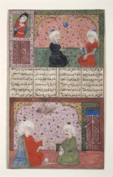 Dois homens em um quarto com paredes decoradas (wc opaco e ouro no papel)