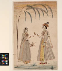 Duas mulheres debaixo de uma árvore, c.1750 (aquarela opaca e ouro sobre papel)