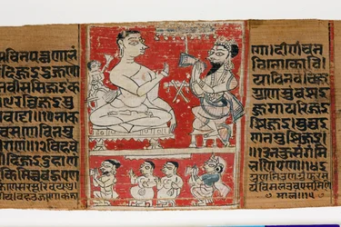 Vimalaprava conversa com Raji e Lakshmi, c.1300 (wc opaco na folha de palmeira)