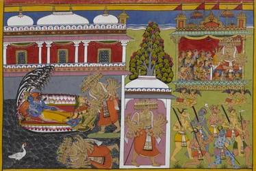 Viṣṇu descansa com Lakshmi enquanto Rāvaṇa cai, depois rapta mulheres na sua carruagem