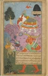 Vol.2 fol.315 Indra mantém a ordem celestial derrubando o Hanuman precoce (aquarela opaca, tinta e ouro no papel)