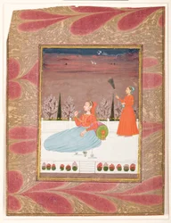 Mulher sentada em um terraço com um atendente com um chauri, c.1735 (wc opaca e ouro sobre papel)