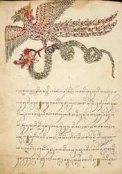 Uma criatura voadora carregando uma cobra, ilustração de 