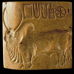 Selo com touro zebu e escrita do Indo, encontrado em Mohenjo Daro, vale do Indo, III milénio a.C.