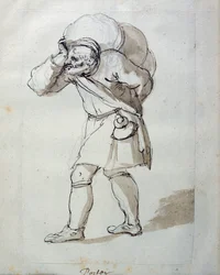 Um porteiro carregado (caneta e tinta sobre papel)