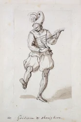 Homem com grelha de ferro e chifre de sapato (caneta e tinta sobre papel)