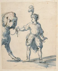 Anão polonês conduzindo um cão (caneta e tinta e lavagem em papel)