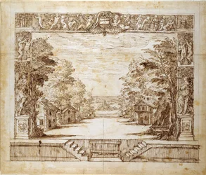 Proscênio e cena em pé, c.1635 (caneta e tinta sobre papel)