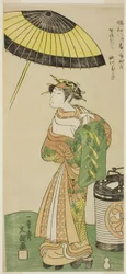 O ator Segawa Kikunojo II como a cortesã Hitachi na segunda parte da peça Wada Sakamori Osame no Mitsugumi (O Carrossel de Wada: A Última Bebida com um Conjunto de Três Copos), representada no Teatro Ichimura a partir do nono dia do segundo mês de 1771