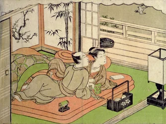Uma gravura "Shunga" (erótica): amantes a ouvir um cuco, de Ippitsusai Buncho (1725-94)