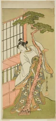 O ator Ichikawa Monnosuke II como Tsunewaka-maru na peça Iro Moyo Aoyagi Soga, realizada no Teatro Nakamura no segundo mês de 1775