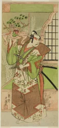O ator Ichikawa Yaozo II em uma celebração pré-performance da peça "Soga Monogatari", apresentada no Teatro Morita no segundo mês de 1773