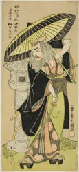 O ator Matsumoto Koshiro III como Kikuchi Hyogo Narikage na peça Katakiuchi Chuko Kagami (Vendetta: A Model of Loyalty and Filial Duty), realizada no Teatro Nakamura a partir do Quinto Dia do Sexto Mês, 1770