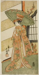 O ator Onoe Tamizo I como Nishikigi na peça Mutsu no Hana Ume no Kaomise, apresentada no Teatro Ichimura no décimo primeiro mês de 1769