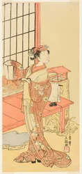 O ator Segawa Kikunojo II, possivelmente como a princesa Ayaori na peça Ima o Sakari Suehiro Genji (O clã Genji agora em seu zênite), realizada no Teatro Nakamura desde o primeiro dia do décimo primeiro mês, 1768