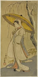 O ator Segawa Kikunojo II como a Garça Donzela na peça "Cotton Wadding of Izu Protecting the Matrimonial Chrysanthemums (Myoto-giku Izu no Kisewata)", apresentada no Teatro Ichimura a partir do primeiro dia do décimo primeiro mês de 1770