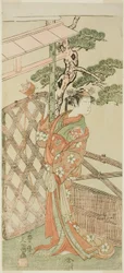 O ator Yamashita Kinsaku II como Moshio, esposa de Ito Sukekiyo, na peça Izu-goyomi Shibai no Ganjitsu, apresentada no Teatro Morita no décimo primeiro mês, 1772